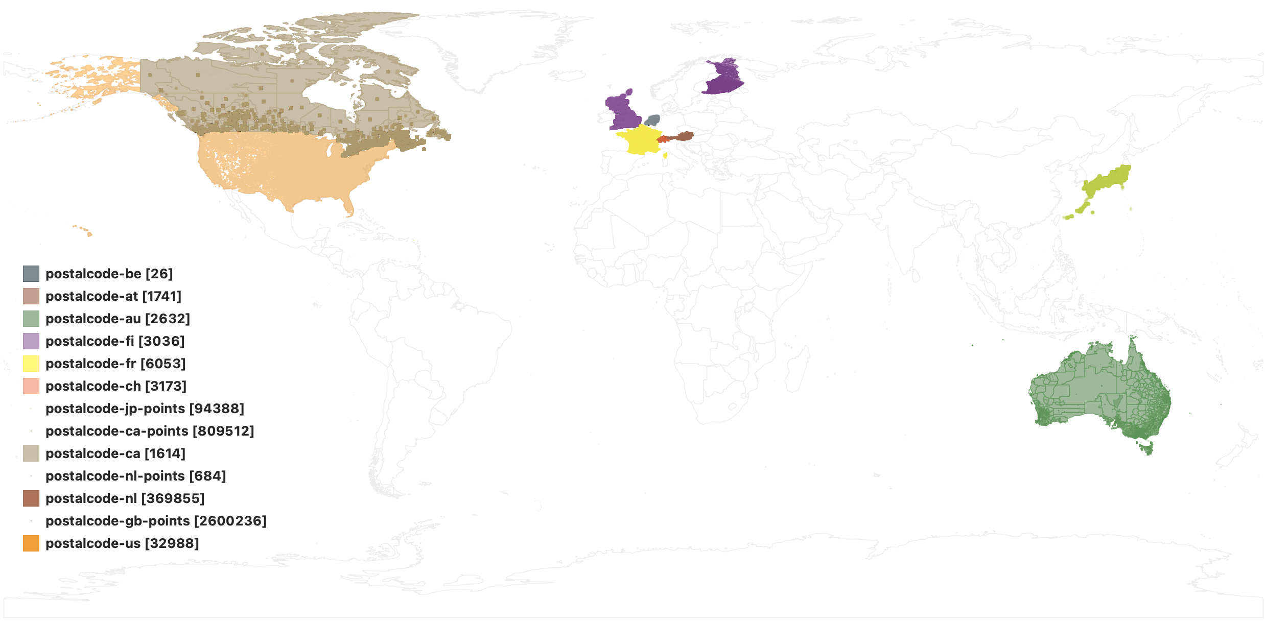 Who’s On First postalcodes coverage map